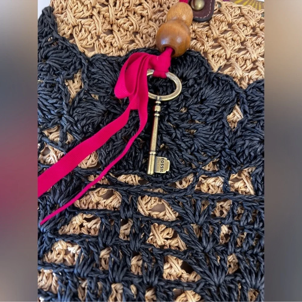 Vintage Fossil Crochet Straw Handbag with Wood Handles accents